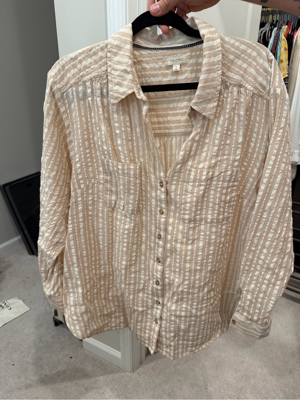 Pilcro Beige and White Striped Button-Down Shirt
